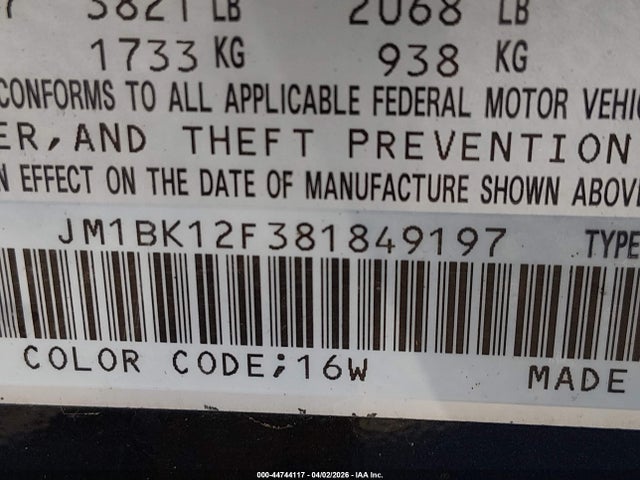 44744117 :رقم المزاد ، JM1BK12F381849197 vin ، 2008 Mazda Mazda3 I مزاد بيع