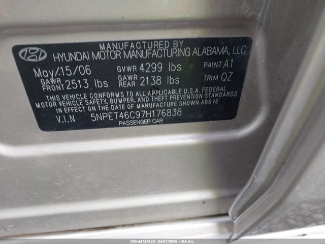 2007 Hyundai Sonata Gls მანქანა იყიდება აუქციონზე, vin: 5NPET46C97H176838, აუქციონის ნომერი: 44744120