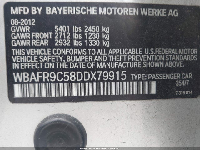 2013 Bmw 550i მანქანა იყიდება აუქციონზე, vin: WBAFR9C58DDX79915, აუქციონის ნომერი: 44744127