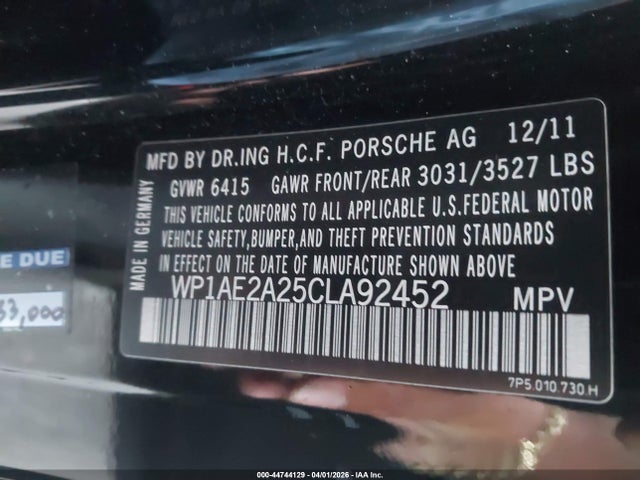 44744129 :رقم المزاد ، WP1AE2A25CLA92452 vin ، 2012 Porsche Cayenne Hybrid S مزاد بيع
