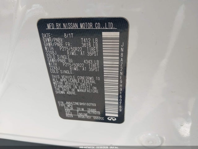 2017 Infiniti Qx80 მანქანა იყიდება აუქციონზე, vin: JN8AZ2NE9H9160769, აუქციონის ნომერი: 44744134