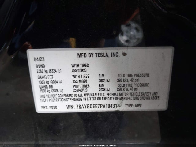 Aukcja sprzedaży 2023 Tesla Model Y Awd/long Range Dual Motor All-wheel Drive, vin: 7SAYGDEE7PA104314, numer aukcji: 44744145