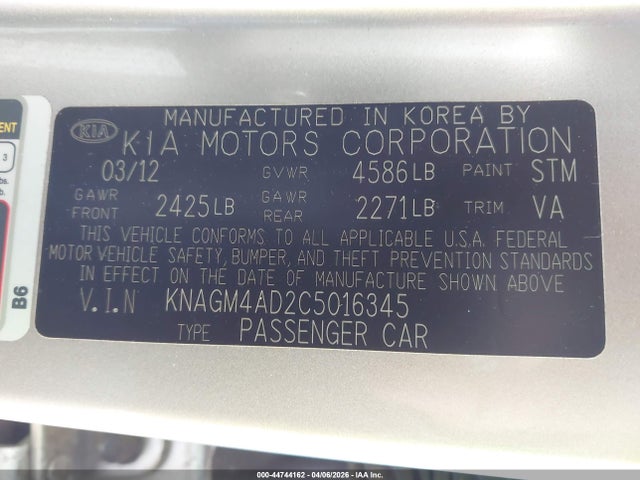 Aukcja sprzedaży 2012 Kia Optima Hybrid Ex, vin: KNAGM4AD2C5016345, numer aukcji: 44744162