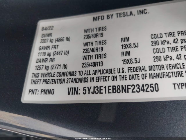 Aukcja sprzedaży 2022 Tesla Model 3 Long Range Dual Motor All-wheel Drive, vin: 5YJ3E1EB8NF234250, numer aukcji: 44744167