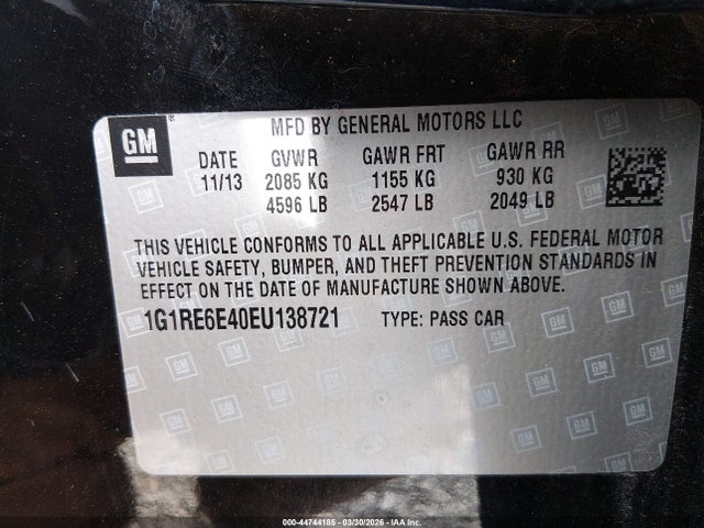2014 Chevrolet Volt მანქანა იყიდება აუქციონზე, vin: 1G1RE6E40EU138721, აუქციონის ნომერი: 44744185