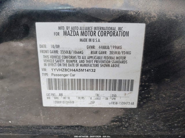 44744189 :رقم المزاد ، 1YVHZ8CH4A5M14132 vin ، 2010 Mazda Mazda6 I Touring مزاد بيع