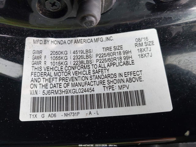 Honda Cr-v Touring 2016 5J6RM3H9XGL024454 Image 9