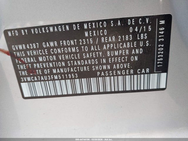 44744196 :رقم المزاد ، 3VWCA7AU3FM511953 vin ، 2015 Volkswagen Golf Sportwagen Tdi S 4-door مزاد بيع