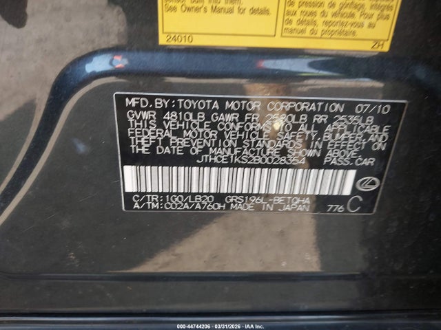 44744206 :رقم المزاد ، JTHCE1KS2B0028354 vin ، 2011 Lexus Gs 350 مزاد بيع