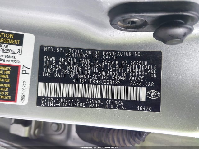 2016 Toyota Camry Se მანქანა იყიდება აუქციონზე, vin: 4T1BF1FK9GU238482, აუქციონის ნომერი: 44744218