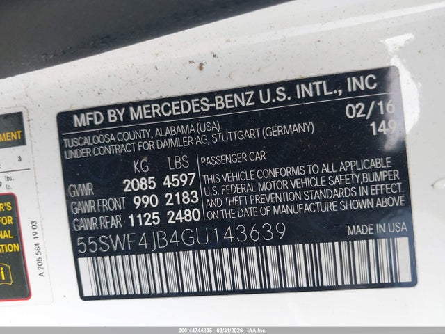 44744235 :رقم المزاد ، 55SWF4JB4GU143639 vin ، 2016 Mercedes-benz C 300 مزاد بيع
