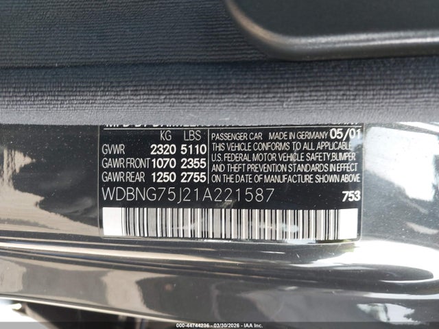 44744236 :رقم المزاد ، WDBNG75J21A221587 vin ، 2001 Mercedes-benz S 500 مزاد بيع