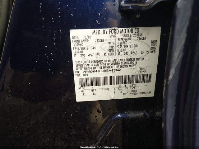 Продажа на аукционе авто 2011 Ford Edge Sel, vin: 2FMDK4JC9BBA43342, номер лота: 44744254
