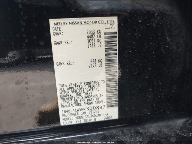 2022 Nissan Altima Sr Intelligent Awd მანქანა იყიდება აუქციონზე, vin: 1N4BL4CW5NN300897, აუქციონის ნომერი: 44744272