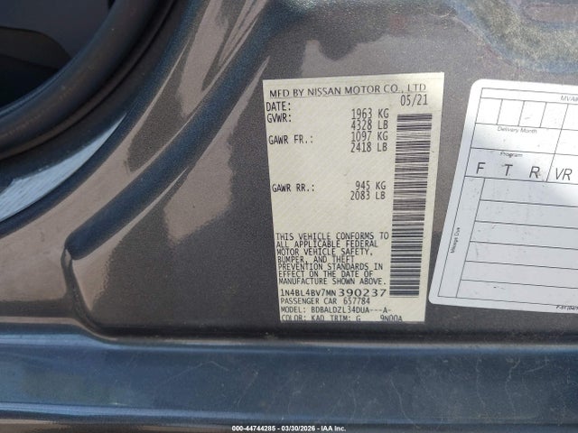 2021 Nissan Altima S Fwd მანქანა იყიდება აუქციონზე, vin: 1N4BL4BV7MN390237, აუქციონის ნომერი: 44744285