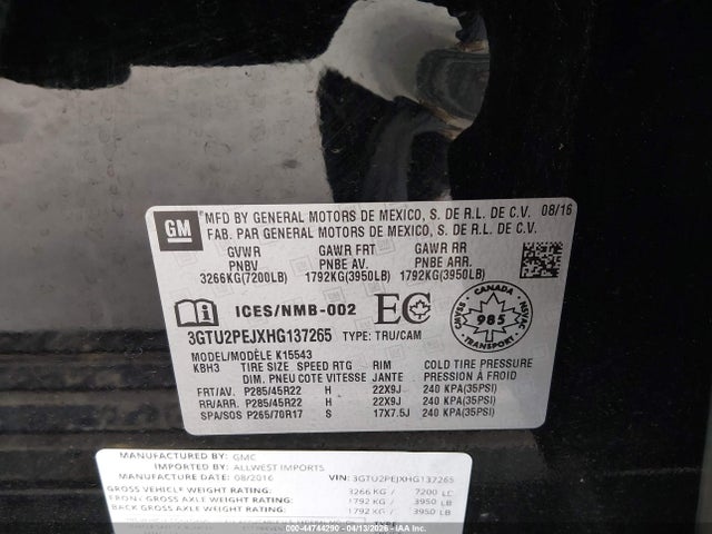44744290 :رقم المزاد ، 3GTU2PEJXHG137265 vin ، 2017 Gmc Sierra 1500 Denali مزاد بيع