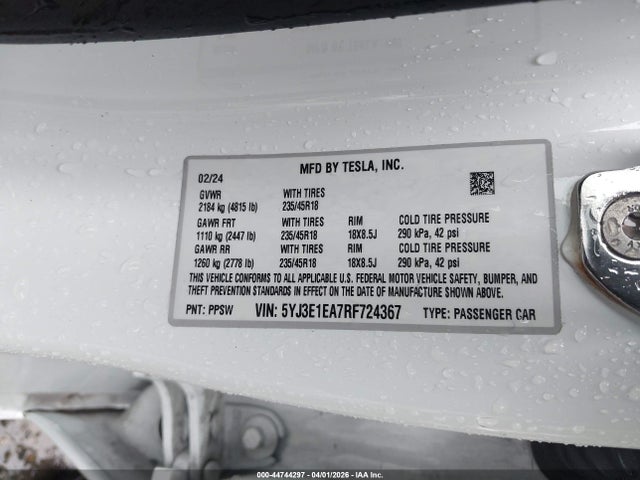 44744297 :رقم المزاد ، 5YJ3E1EA7RF724367 vin ، 2024 Tesla Model 3 Long Range Dual Motor All-wheel Drive/rear-wheel Drive مزاد بيع