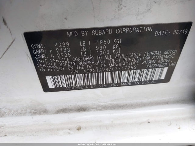 Aukcja sprzedaży 2019 Subaru Impreza 2.0i Sport, vin: 4S3GTAM67K3747283, numer aukcji: 44744308