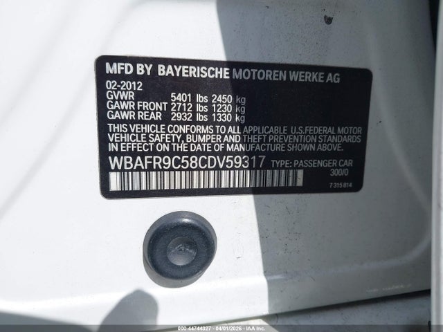 2012 Bmw 550i მანქანა იყიდება აუქციონზე, vin: WBAFR9C58CDV59317, აუქციონის ნომერი: 44744327