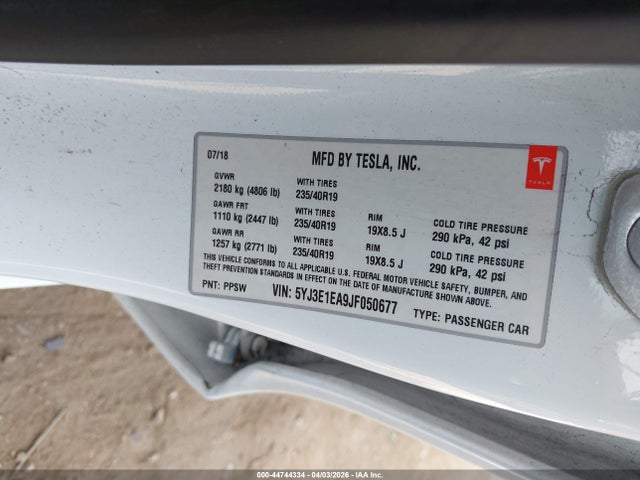 Продаж на аукціоні авто 2018 Tesla Model 3 Long Range/mid Range, vin: 5YJ3E1EA9JF050677, номер лоту: 44744334