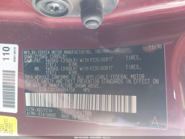 2017 TOYOTA SIENNA 5TDKZ3DC5HS804758 Photo 8