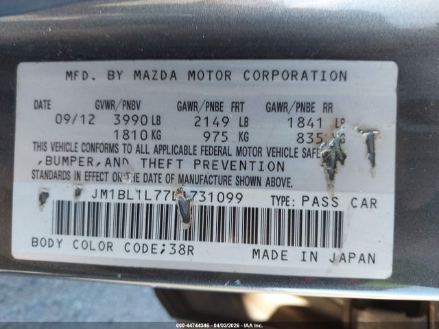44744346 :رقم المزاد ، JM1BL1L77D1731099 vin ، 2013 Mazda Mazda3 I Touring مزاد بيع