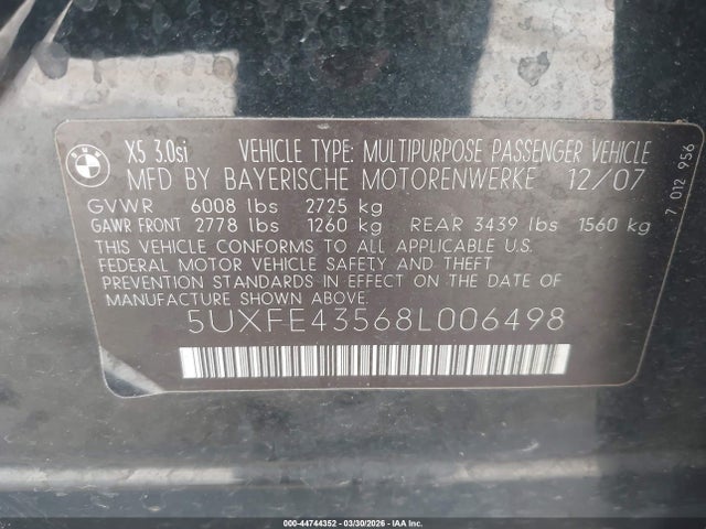 Продажа на аукционе авто 2008 Bmw X5 3.0si, vin: 5UXFE43568L006498, номер лота: 44744352