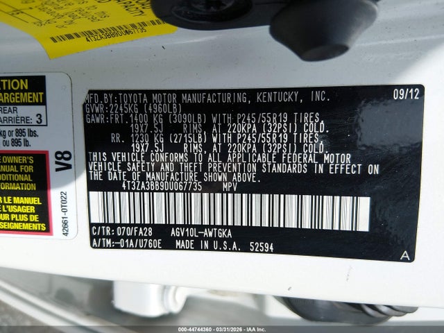Продажа на аукционе авто 2013 Toyota Venza Le, vin: 4T3ZA3BB9DU067735, номер лота: 44744360