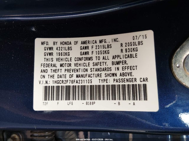 Honda ACCORD EX 2015 1HGCR2F76FA231105 Image 9