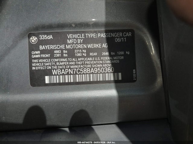 44744379 :رقم المزاد ، WBAPN7C58BA950360 vin ، 2011 Bmw 335d مزاد بيع