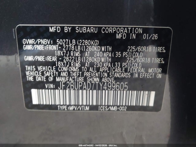 2026 Subaru Outback Premium მანქანა იყიდება აუქციონზე, vin: JF2BUPAD7TY499605, აუქციონის ნომერი: 44744382