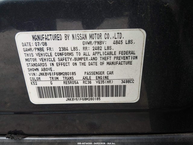Aukcja sprzedaży 2008 Infiniti G35x, vin: JNKBV61F68M280185, numer aukcji: 44744388