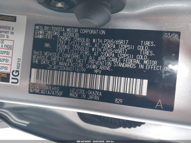 Aukcja sprzedaży 2006 Lexus Gx 470, vin: JTJBT20X460116199, numer aukcji: 44744397
