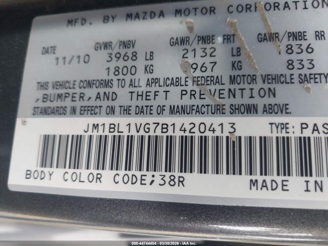 Aukcja sprzedaży 2011 Mazda Mazda3 I Touring, vin: JM1BL1VG7B1420413, numer aukcji: 44744404