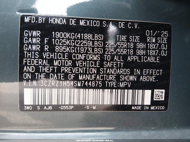 44744409 :رقم المزاد ، 3CZRZ1H54SM744875 vin ، 2025 Honda Hr-v 2wd Sport مزاد بيع