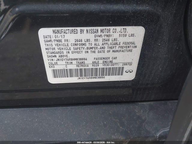 44744429 :رقم المزاد ، JN1EV7AR8HM838894 vin ، 2017 Infiniti Q50 3.0t Signature Edition مزاد بيع