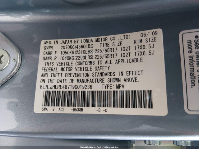 Auction sale of the 2009 Honda Cr-v Ex-l, vin: JHLRE48719C019236, lot number: 44744441
