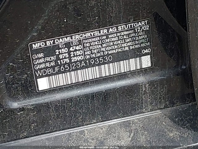 Aukcja sprzedaży 2003 Mercedes-benz E 320, vin: WDBUF65J23A193530, numer aukcji: 44744445