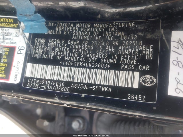 44744447 :رقم المزاد ، 4T4BF1FK4DR326034 vin ، 2013 Toyota Camry Le مزاد بيع