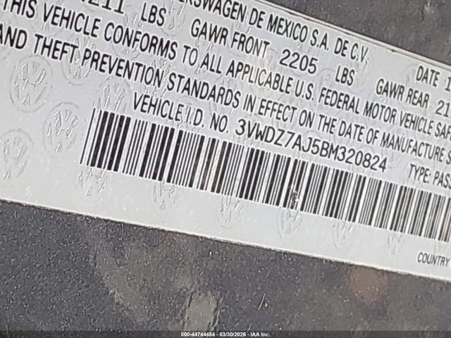44744454 :رقم المزاد ، 3VWDZ7AJ5BM320824 vin ، 2011 Volkswagen Jetta 2.5l Se مزاد بيع