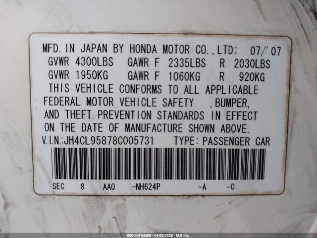 Aukcja sprzedaży 2008 Acura Tsx, vin: JH4CL95878C005731, numer aukcji: 44744469