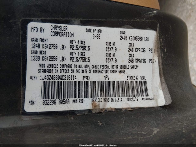 44744493 :رقم المزاد ، 1J4GZ48S0WC316114 vin ، 1998 Jeep Grand Cherokee Laredo مزاد بيع
