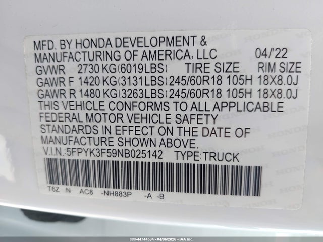 Honda Ridgeline Rtl 2022 5FPYK3F59NB025142 Image 9