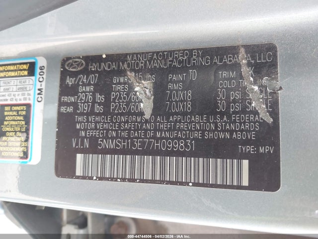 Aukcja sprzedaży 2007 Hyundai Santa Fe Limited/se, vin: 5NMSH13E77H099831, numer aukcji: 44744506