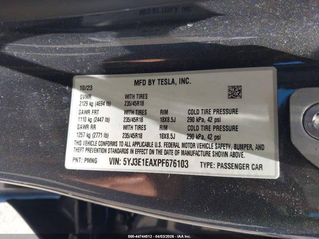 Aukcja sprzedaży 2023 Tesla Model 3 Rear-wheel Drive, vin: 5YJ3E1EAXPF676103, numer aukcji: 44744512