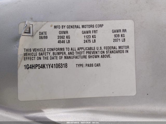 44744515 :رقم المزاد ، 1G4HP54K1Y4106318 vin ، 2000 Buick Lesabre Custom مزاد بيع