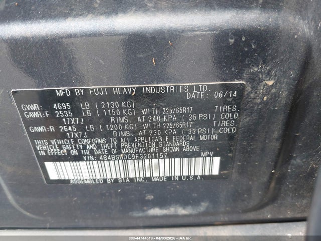 Aukcja sprzedaży 2015 Subaru Outback 2.5i Premium, vin: 4S4BSBDC9F3201157, numer aukcji: 44744518