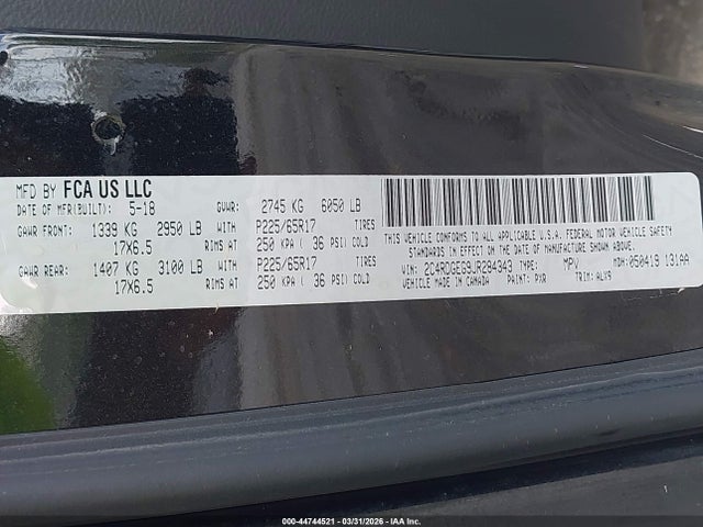 44744521 :رقم المزاد ، 2C4RDGEG9JR284343 vin ، 2018 Dodge Grand Caravan Gt مزاد بيع