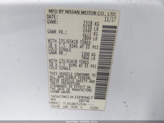Продаж на аукціоні авто 2018 Nissan Murano Sv, vin: 5N1AZ2MG1JN109967, номер лоту: 44744544