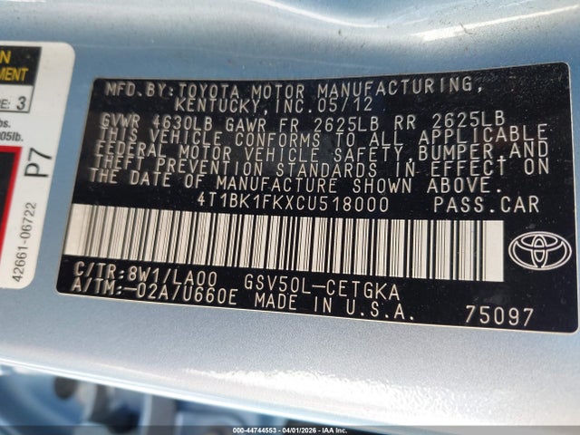 Aukcja sprzedaży 2012 Toyota Camry Xle V6, vin: 4T1BK1FKXCU518000, numer aukcji: 44744553